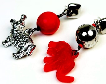 HARLEQUIN SAFARI Hippo and Elephant Mismatched Earrings Using Vintage Red Beads, Hippo and Elephant Cracker Jack Charms