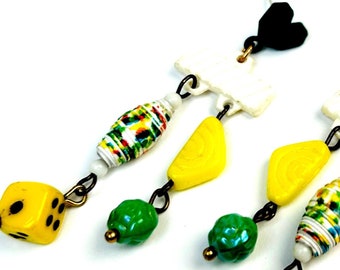 PACHINKO Green and Yellow Chandelier Earrings with Vintage Dice Beads, Rolled Paper Beads, Incised Triangles, and Green Creased Beads