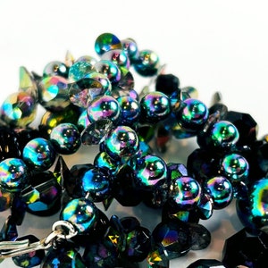 INTO IRIDESCENCE Deep Blue Oilslick Vintage Beads in Glass and Resin, Including Vintage Glass Scarabs, Enliven This Long Necklace