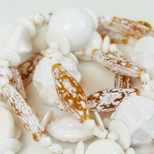 SNOWY HILLS ABOVE Striking and Long Necklace of White and Tan with Large-Scaled Vintage Resin Beads
