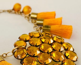 OVER EASY Sunny Yellow Bespoke Tassels and Vintage Eggy Yellow Brooch Make for a Tasty Necklace