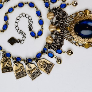CONSTELLATIONS Oval Pendant and Astrological Signs in Cobalt Blue and Aged Brass