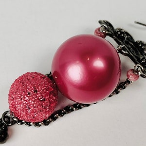 STRAWBERRY HILL Single Earring in Rich Berry with Lustrous Vintage Costume Pearl and Dew-Covered Bead Framed by Vintage Silver Chain