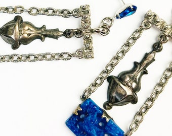 CLASSICAL IDEAL Royal Blue Vintage Resin Rectangles and Pressed-Metal Silver Tone Vases are Framed by Vintage Chains and Repurposed Clasps