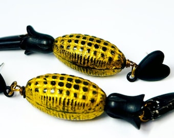 MAIZE RUNNER Long Earrings with Vintage Fat Ears of Corn, Vintage Squash Blossom-Shaped Black Wood Beads, Vintage Resin Claws