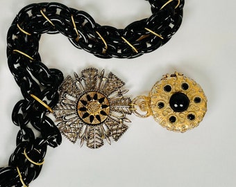 SECRET STASH Black Chain and Vintage Golden Medallion, Pocket Watch Pendant with Secret Compartment