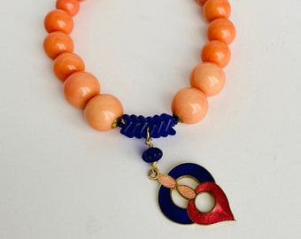 PEACH BLOSSOM SPRING Ombre Necklace, Vintage Pendant and Beads in Coral and Cobalt Blue