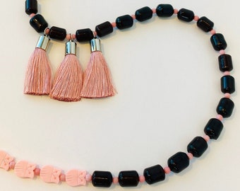 PLUM BLOSSOM Petal-Pink Tassels Enliven Vintage Mahogany Papier-Mâché Beads and Pressed-Resin Owls