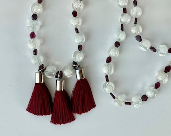 GARNETS ON SNOW Murano Garnet Tassel Necklace with White 1960s Murano-Style Glass Beads, Faceted Garnets and Custom Maroon Tassels