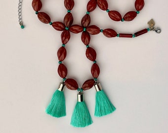 VERDIGRIS Long Necklace with Brick-Red Wavy Pressed-Glass Beads and Custom Mint Tassels