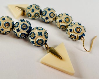 MIXED METAPHOR Lacy Vintage Hand-Colored Beads in Creamy Buttermilk Rest above Slick 1990s Triangle Charms