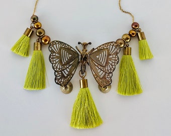 TREMBLING BUTTERFLY Lime-Green Tassels Accent Articulated Butterfly Brooch and Vintage Beads