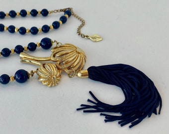 GONE TO SEED Floppy, Silky Tassel on Navy and Gold Necklace with Vintage Brooch