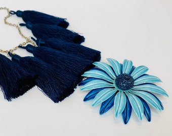 LAZY SUSAN Fluffy Navy Ruff of Tassels with Vintage Enamel Daisy in Sky and Deep Blue