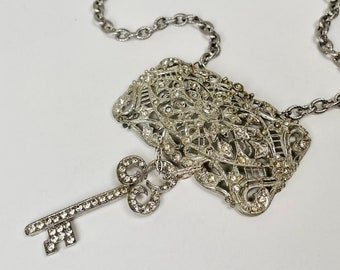 DO YOU DECO?  Oversized Vintage Brooch Encrusted with Paste Diamonds in a Protective Eye Motif with Rhinestone-Lined Fancy Key Pendant