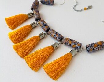 BUTTERCUP Yellow and Blue Handmade Necklace with Artisan-Made Recycled Beads, Bespoke Tassels on Silver Tone Snake Chain