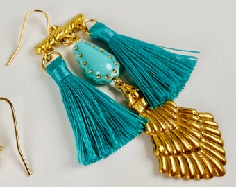 FEATHER DUSTER Rich Turquoise and Bright Gold Chandelier Earrings with Tassels in Stiff Thread and Pressed Metal
