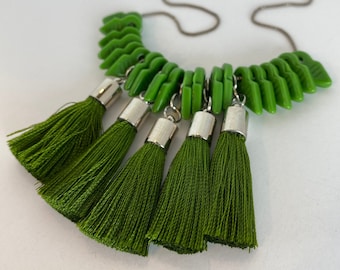 PRICKLY PEAR Vintage Succulent-Green Pressed-Glass Talhakimt Beads, Bespoke Tassels, and Vintage Silver-Tone Chain