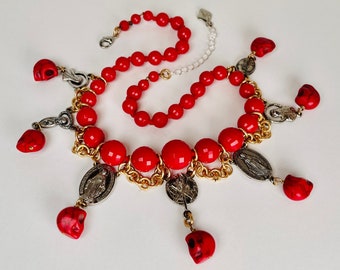CATACOMBS Red Skulls Hang from Rosary Fittings and Red Resin Choker with Original Knotting