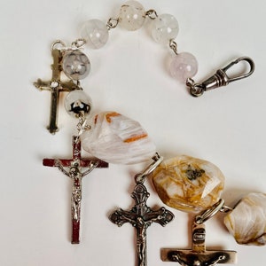 STONE SOUP Filamented, Faceted Stones in Tones of Mist and Caramel Support Vintage Crosses and Crucifixes
