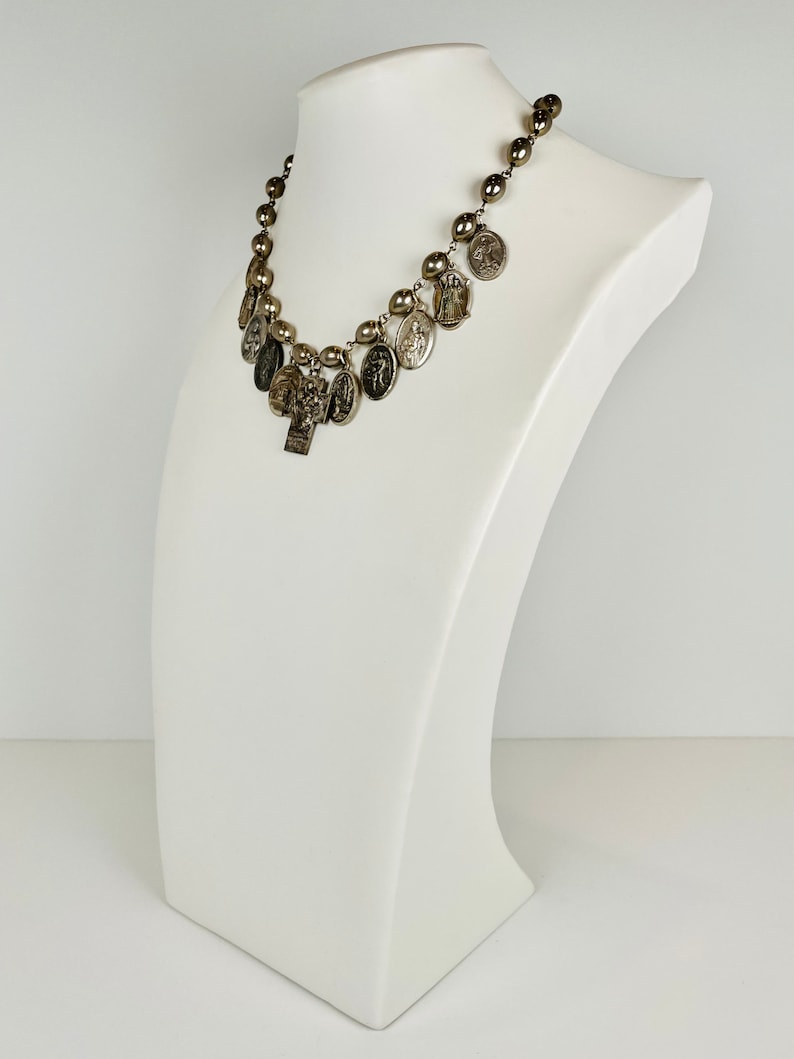 STORY TIME Evocative Religious Medallions and Almond-Shaped Silver Tone Wired Beads in an Eye-Catching Choker image 6