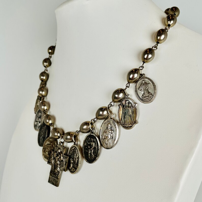 STORY TIME Evocative Religious Medallions and Almond-Shaped Silver Tone Wired Beads in an Eye-Catching Choker image 4