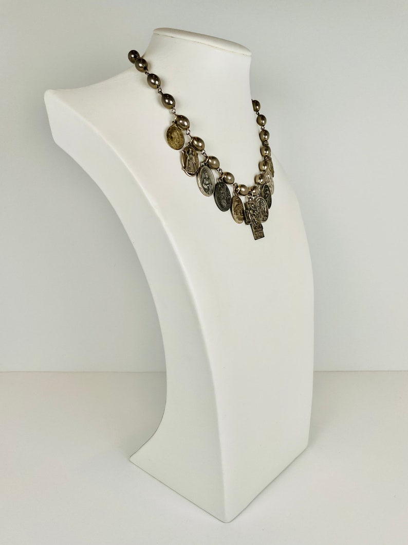 STORY TIME Evocative Religious Medallions and Almond-Shaped Silver Tone Wired Beads in an Eye-Catching Choker image 8