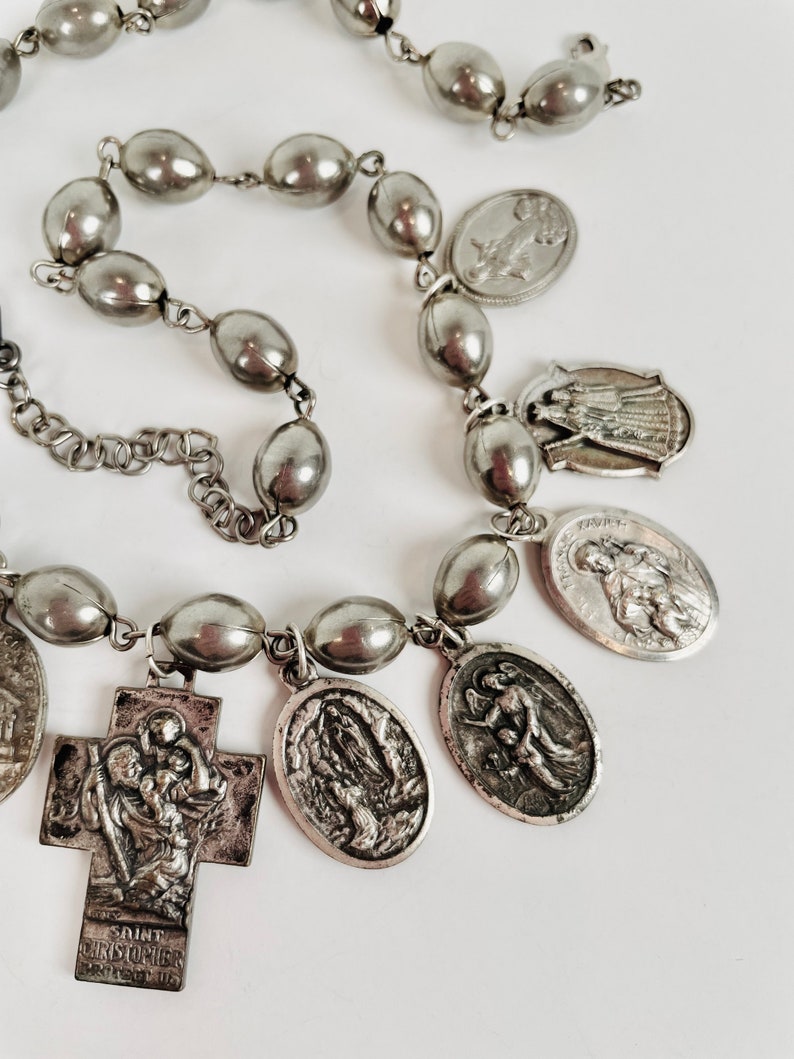 STORY TIME Evocative Religious Medallions and Almond-Shaped Silver Tone Wired Beads in an Eye-Catching Choker image 5