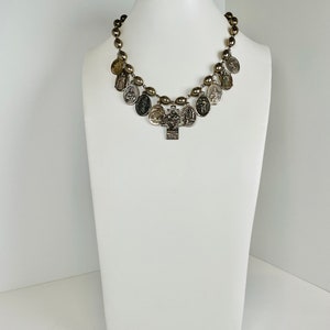 STORY TIME Evocative Religious Medallions and Almond-Shaped Silver Tone Wired Beads in an Eye-Catching Choker image 2