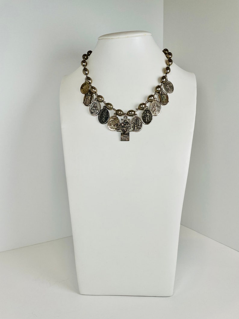 STORY TIME Evocative Religious Medallions and Almond-Shaped Silver Tone Wired Beads in an Eye-Catching Choker image 2