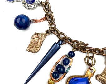 PRIZE AND TROPHY Navy Vintage Charms Accented with Copper, Silver Tone, and Dark Gold on Vintage Cable Chain Bracelet