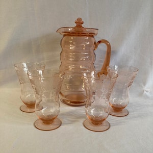 Dunbar Pink Covered Pitcher and 4 Etched Footed Tumblers
