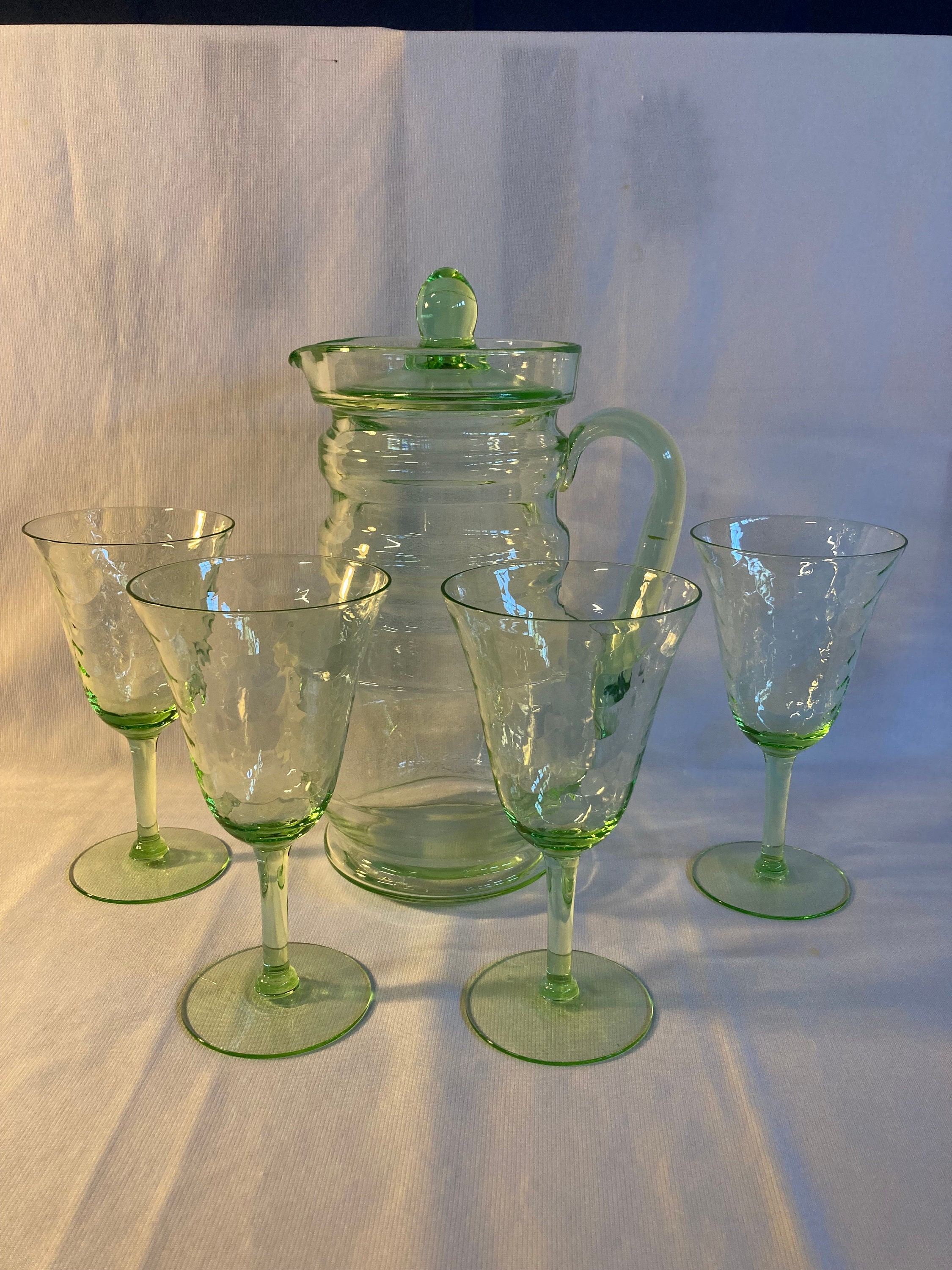 Dunbar Flint Green Covered Pitcher and 4 Water Goblets