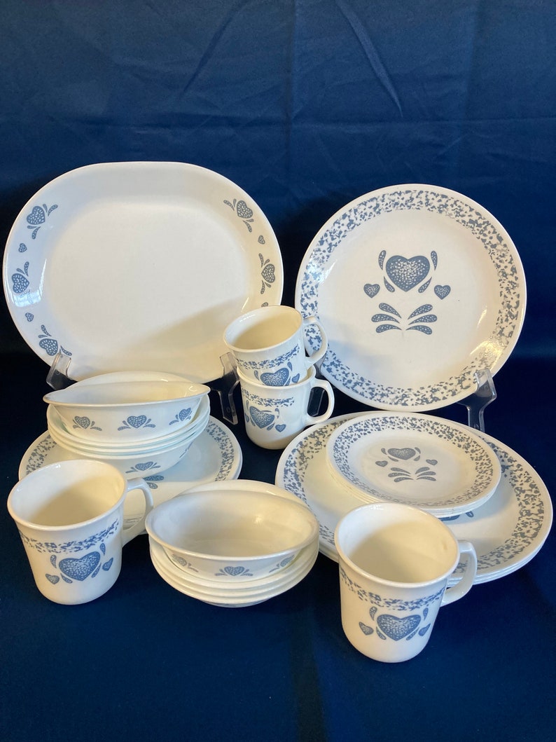 24 Piece Corelle Blue Hearts Dinnerware Set Service for 4 Etsy