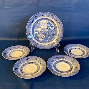 5 Pieces of Churchill Blue Willow Dinnerware Including a Salad Plate and 4 Saucers