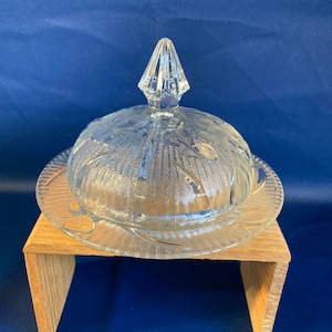 Jeannette Glass Iris and Herringbone Crystal Butter Dish and Cover