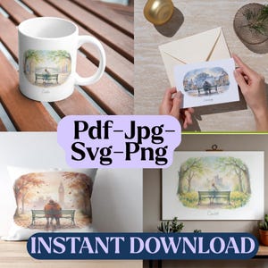 Peut inclure: Une collection d'art numérique présentant des illustrations à l'aquarelle de deux personnes assises sur un banc de parc dans diverses villes. L'ensemble comprend des motifs étiquetés Dublin, Édimbourg et Cardiff, aux formats PDF, JPG, SVG et PNG.