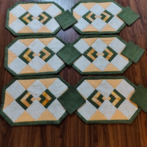 Quilted 6 Green, Orange and White Placemats with Napkins