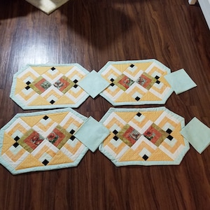 Quilted Light Green, White and Orange Placemat Set of 4 with Napkins.