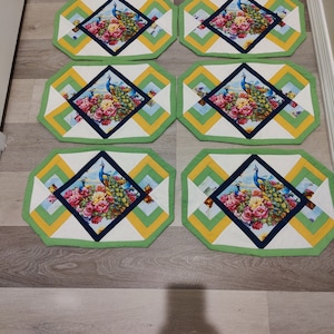 Set of 6 Quilted Peacock Green and Yellow Placemats
