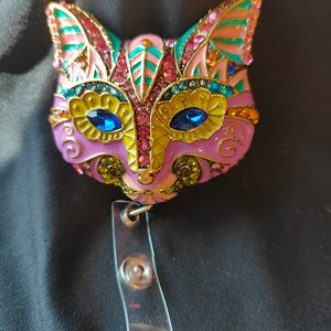 Porta badge con faccia di gatto rosa e blu