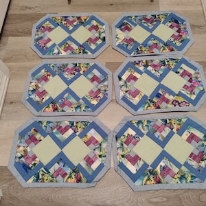 6 Gray and Purple Quilted Placemats