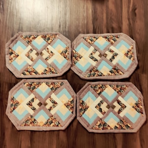 Set of 4 Brown, Yellow , Green Flower Quilted Placemats