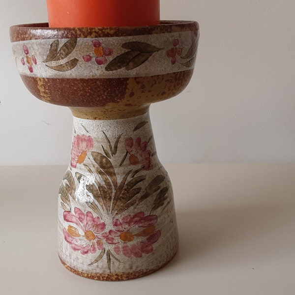 Bougeoir en céramique Keraluc Quimper, chandelier de pilier de poterie peint à la main moderne français du milieu du siècle