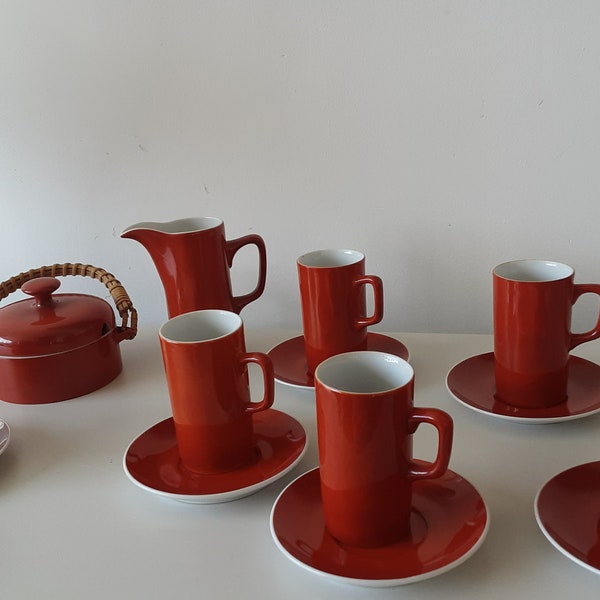 Mid- century vintag  porcelain set for coffee &tea/6 cups + milk jar + sugar jar. Design of Lagardo Tackett and Kenji Fujita