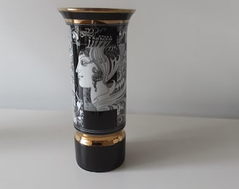 Vintage HOLLOHAZA Black and White Hungarian Folk Porcelain Vase 1980s