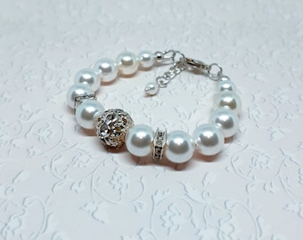 Personalized  Flower-Girl-Gift Swarovski Pearl Bracelet Wedding gift Birthday Gift Idea Wedding Jewelry White  Girl Jewelry