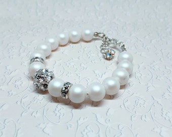 Personalized  Flower-Girl-Gift Swarovski Pearl Bracelet Wedding gift Birthday Gift Idea Wedding Jewelry White  Girl Jewelry