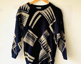 Suéter Vtg Anos 80 Ellen-D Collection Preto Dourado Metálico Lurex-EUA