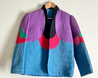 Jaqueta de seda acolchoada colorblock original Mollie Parnis de 1980